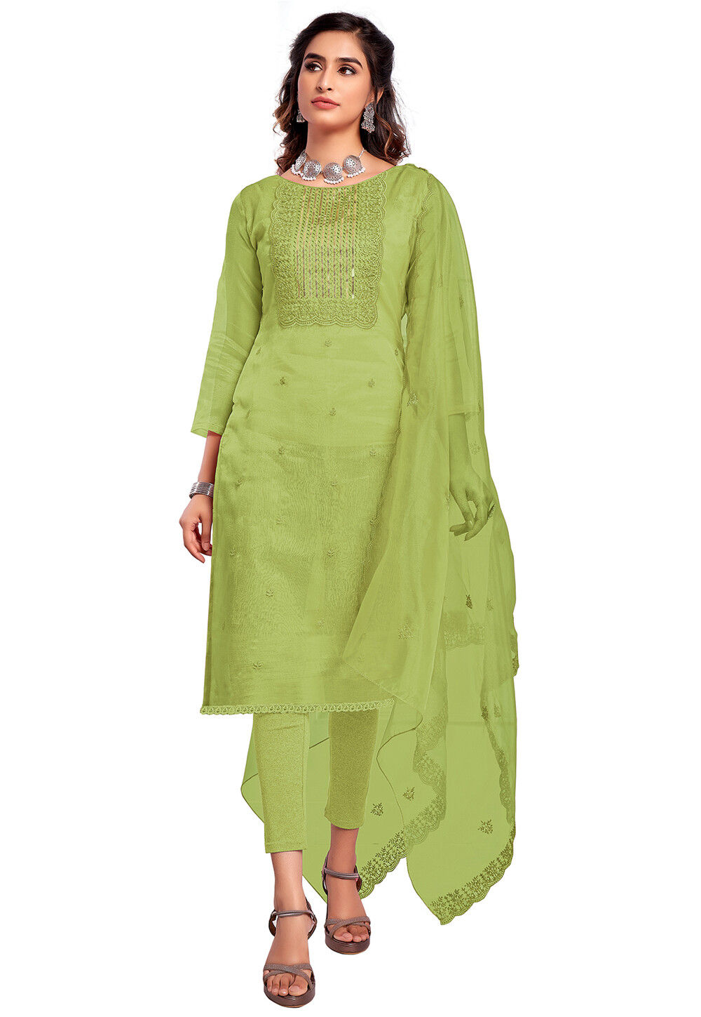 Pista Green Color Georgette Resham Work Palazzo Suit