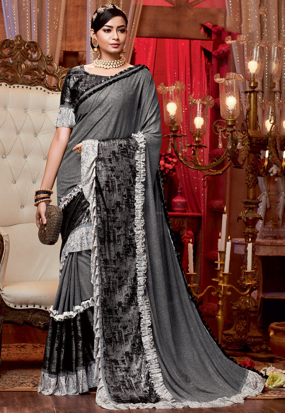 Black Ruffle Lycra Saree For Cocktail
