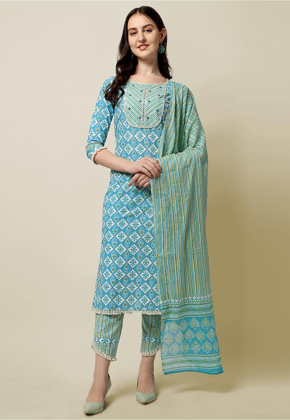 Sanganeri Printed Cotton Pakistani Suit in Sky Blue KVU102