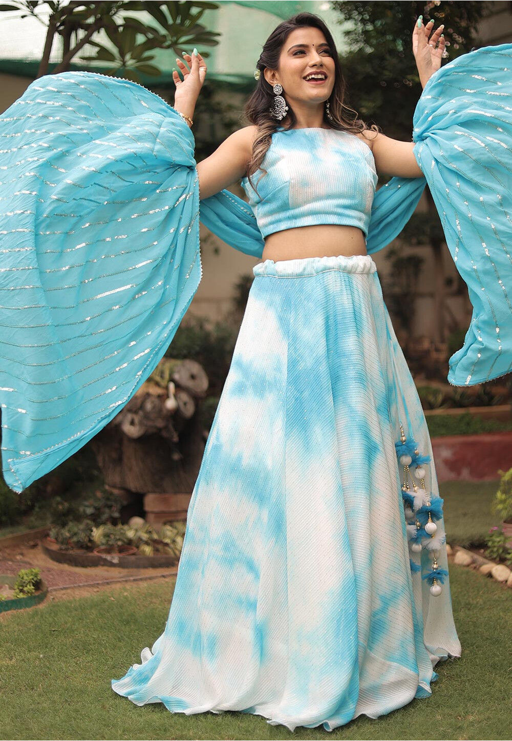 Sequinned Georgette Marble Dyed Lehenga in Blue and White : LJN1643
