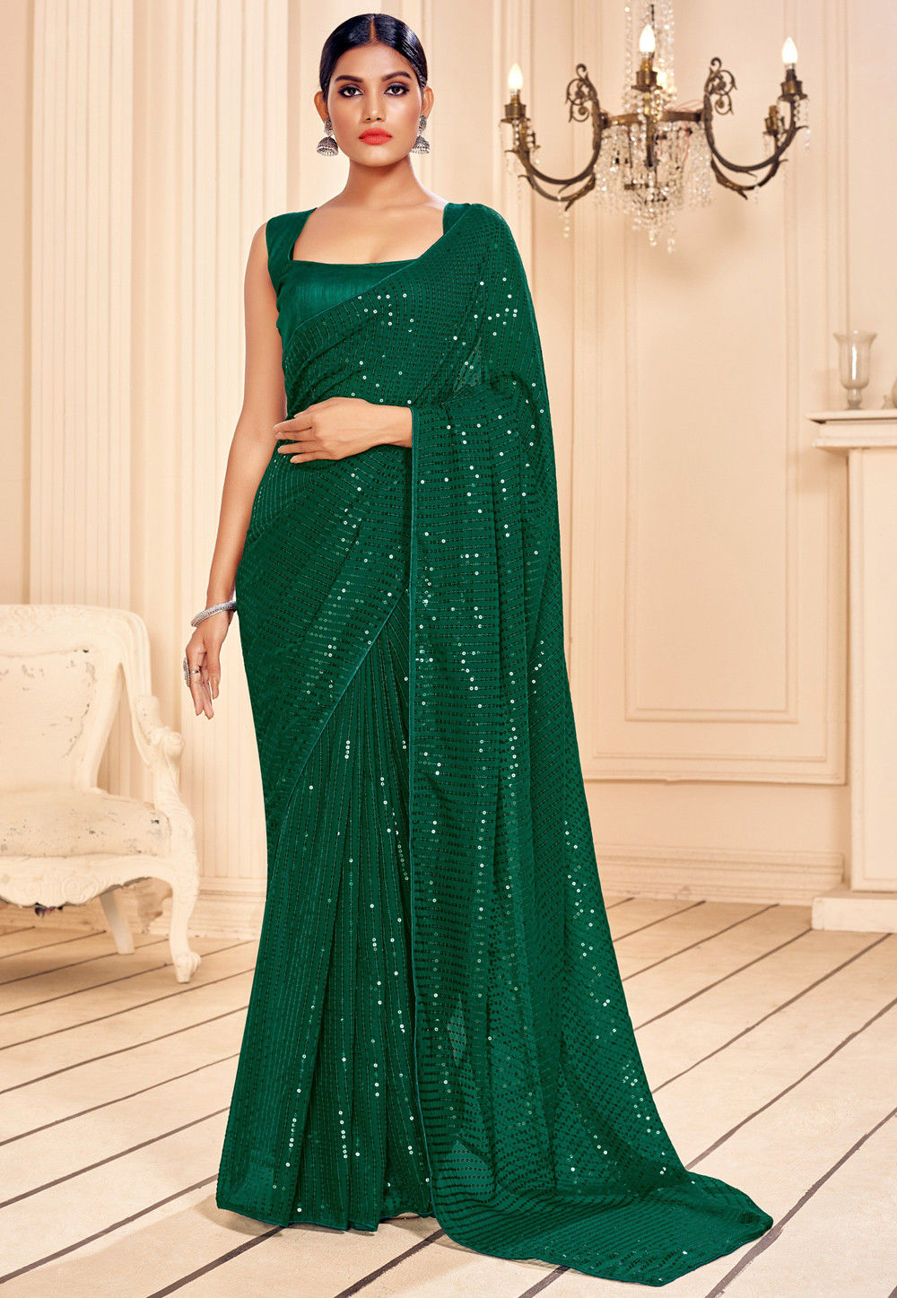 Sequinned Georgette Saree In Green Spf1824 