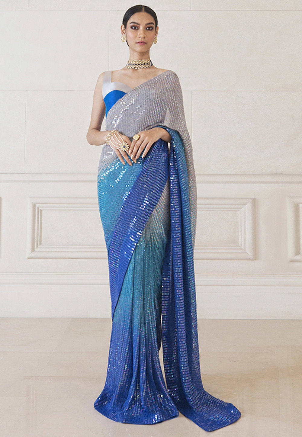 Sequinned Georgette Saree in Grey and Blue Ombre : SPF1461