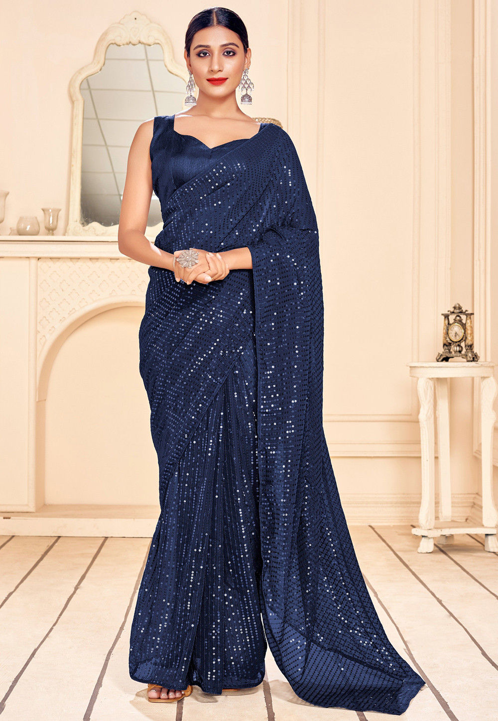 Sequinned Georgette Saree in Navy Blue : SPF1818