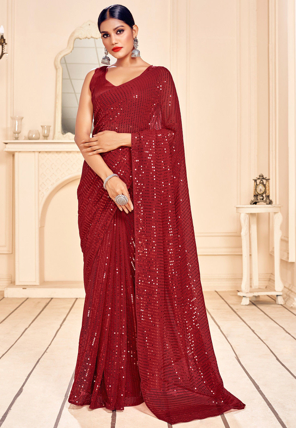 Buy Dark Pink Sequins Festive Wear Saree At Ethnic Plus