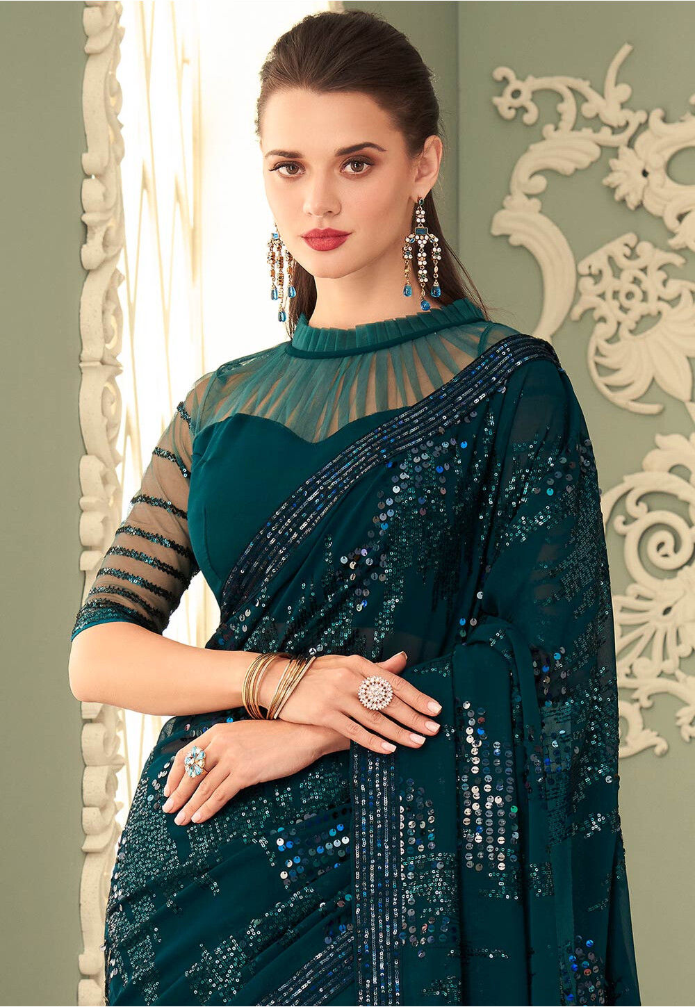 Sequinned Georgette Saree in Teal Blue : SYC10512