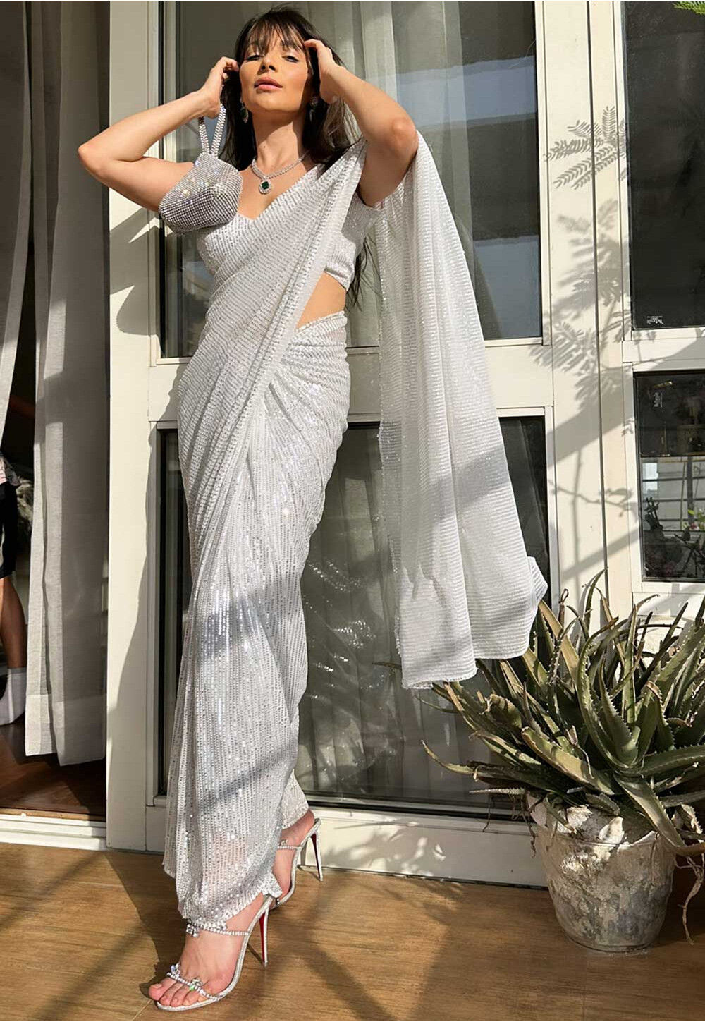 Sequinned Lycra Saree in Silver