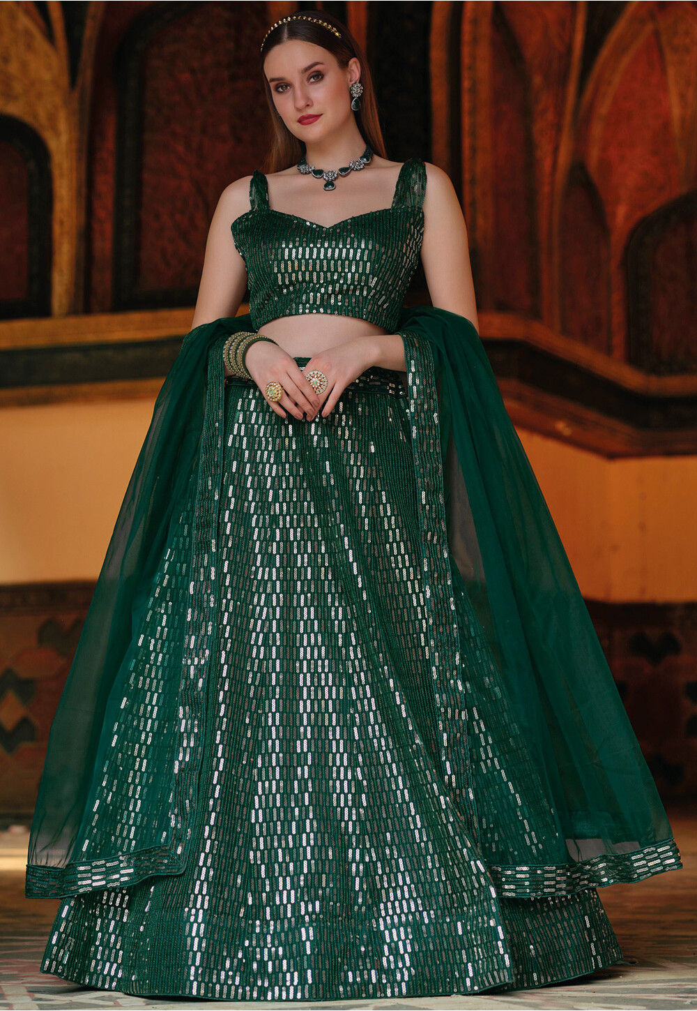 Buy Sequinned Net Lehenga in Dark Green Online LCC1518 Utsav Fashion