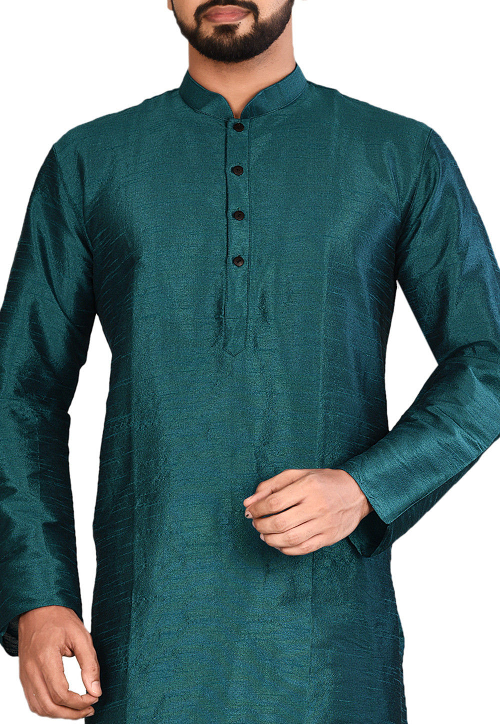Solid Color Art Dupion Silk Kurta Pajama In Dark Teal Blue Msf425