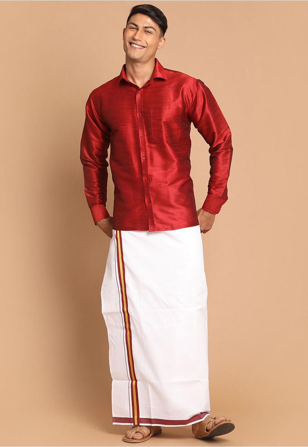 Boys Silk Cotton Shirt with Dhoti Set Maroon