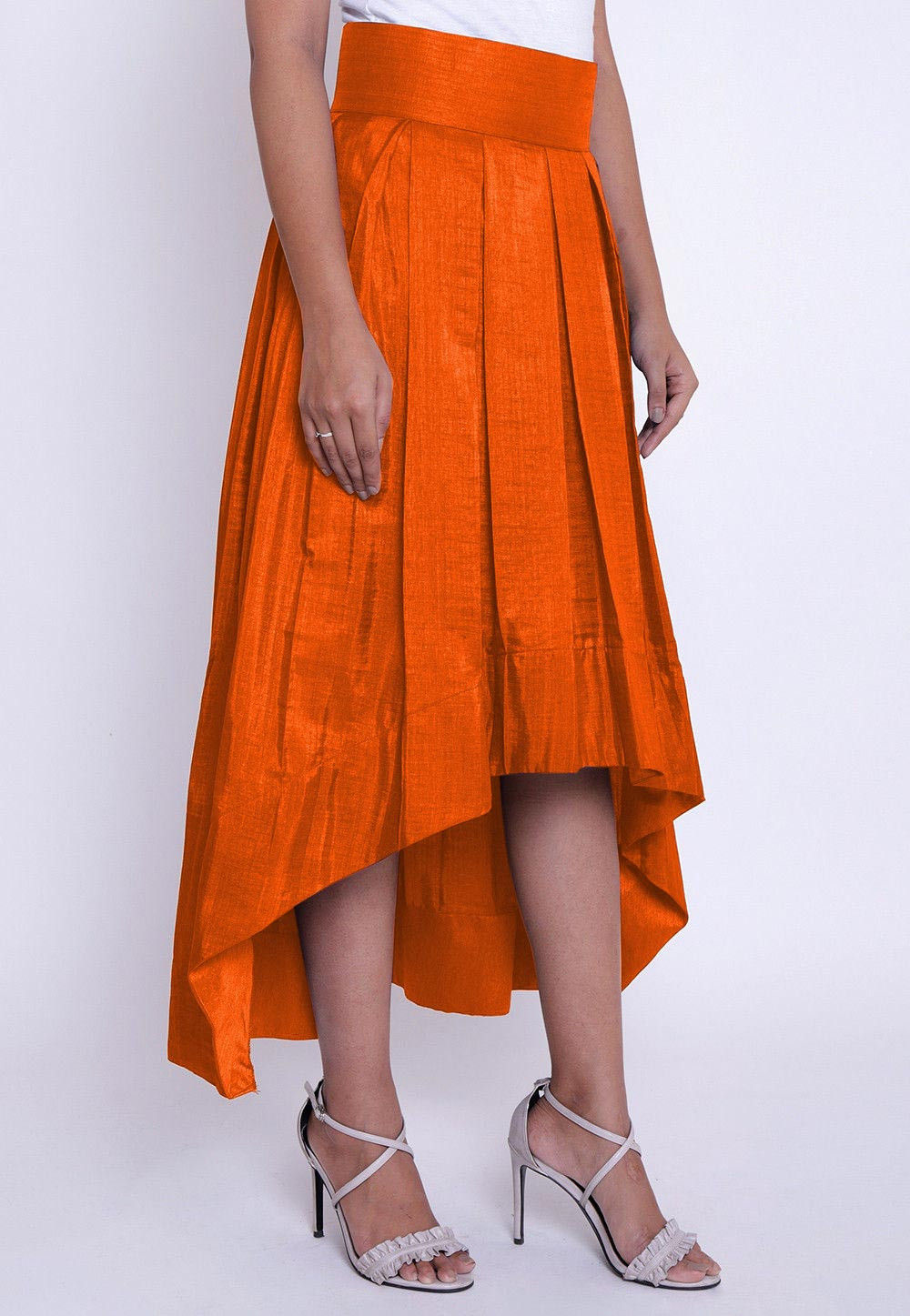 Solid Color Art Silk Asymmetric Pleated Skirt in Orange : BJG254