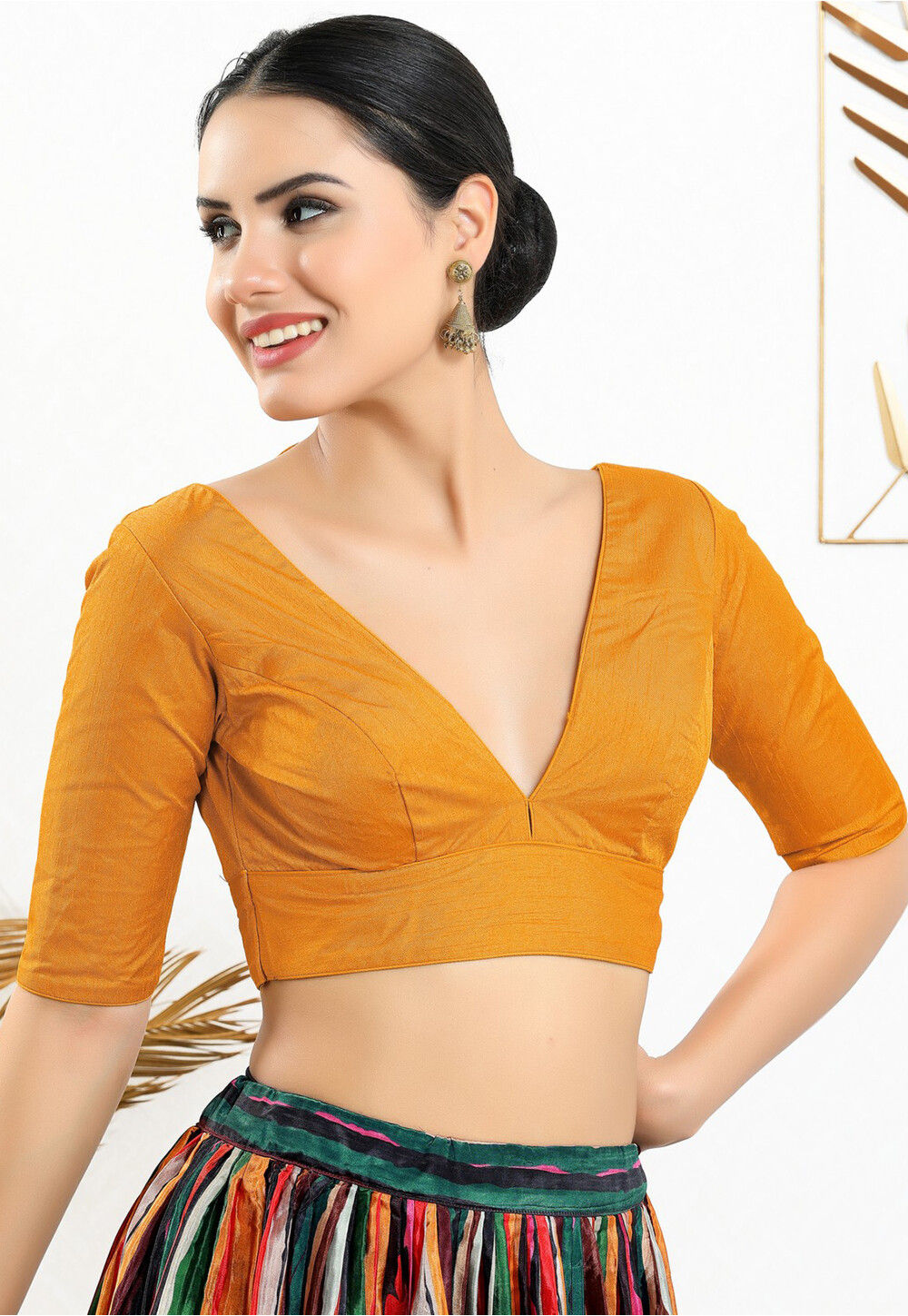 Solid Color Art Silk Blouse in Mustard