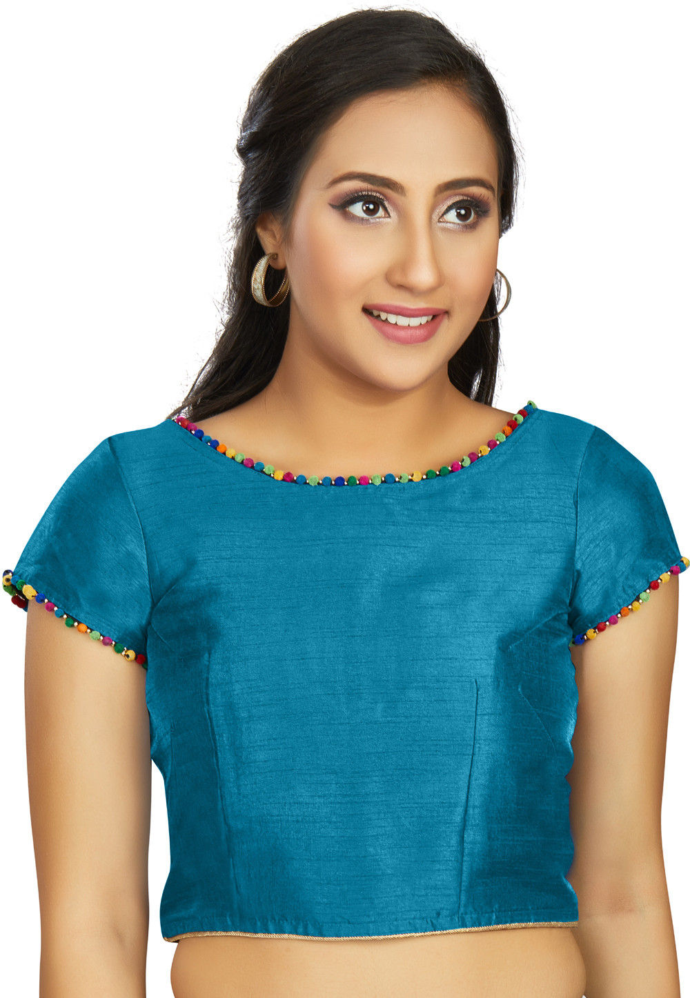 Solid Color Art Silk Blouse in Teal Blue : UYH194