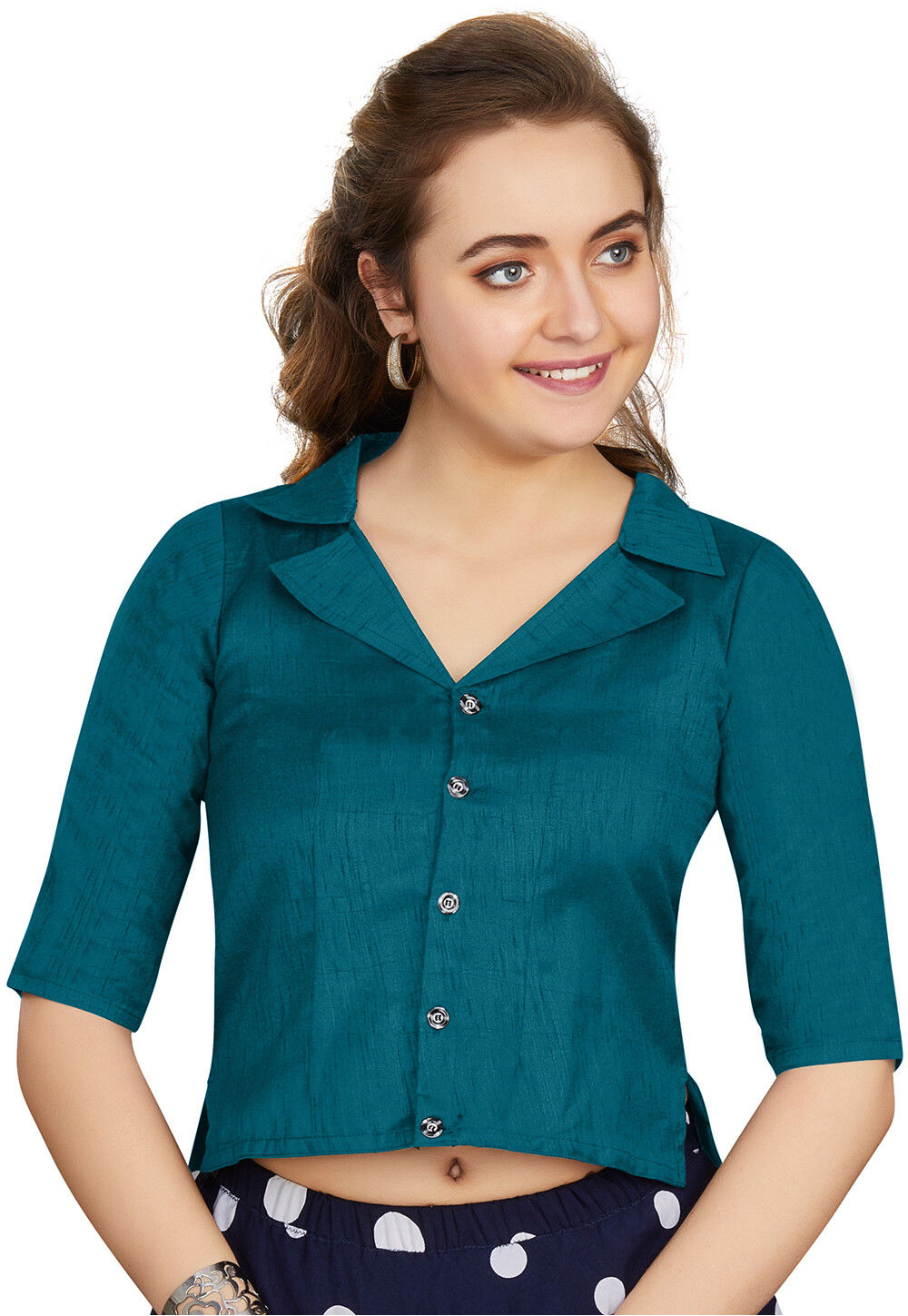 Solid Color Art Silk Blouse in Teal Blue : UYH389