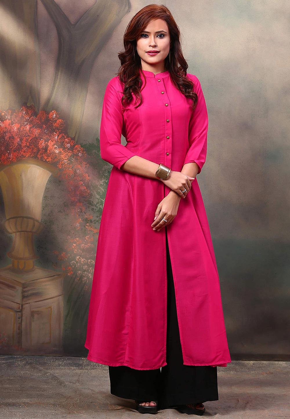 Solid Color Rayon Cotton Front Slit Kurta in Fuchsia