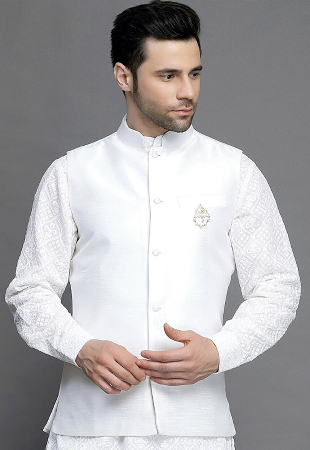 Buy Solid Color Art Silk Nehru Jacket in White Online MXX140 Utsav Fashion