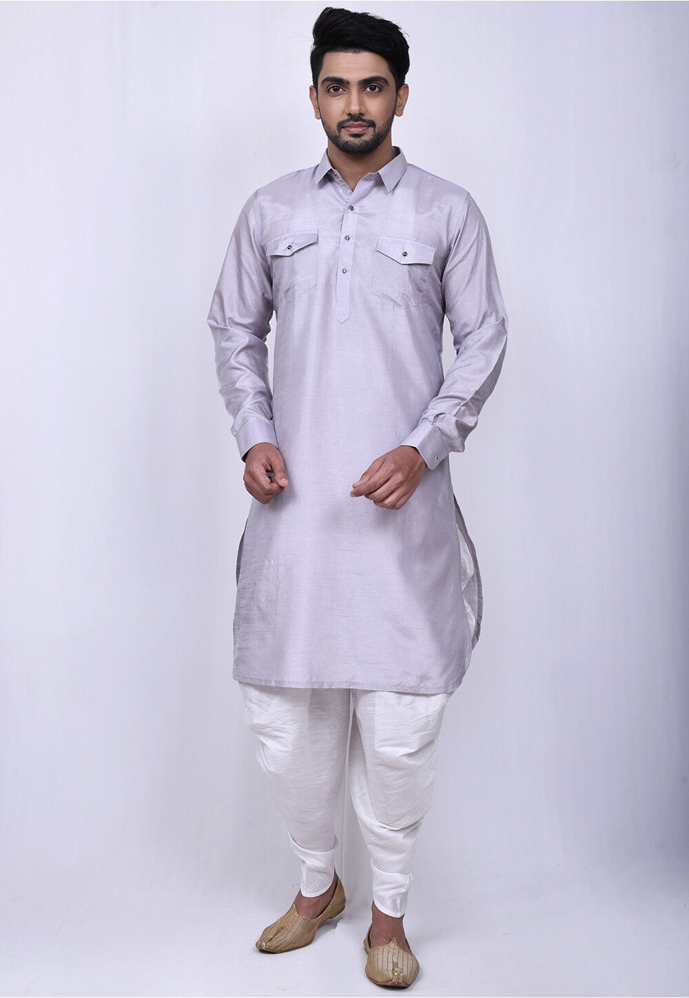 Solid Color Art Silk Pathani Suit in Light Grey MTX1746