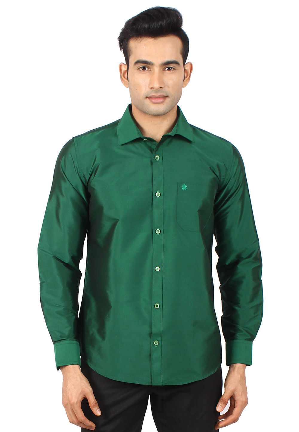 Solid Color Art Silk Shirt in Dark Green : MXT114