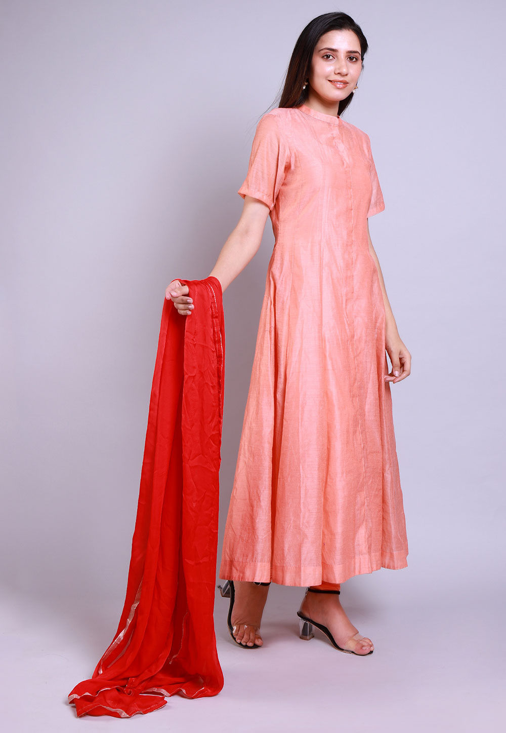 Solid Color Chanderi Cotton Anarkali Suit in Peach : KJN3923