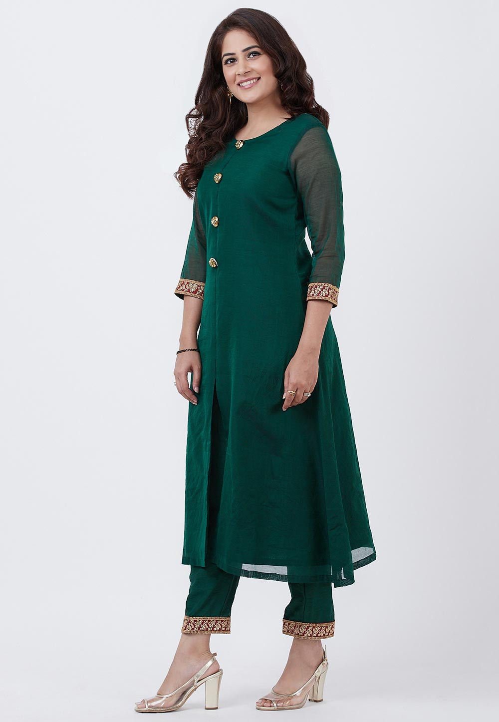 Green Woven Design Chanderi Silk A-Line Kurta With Trousers & Dupatta