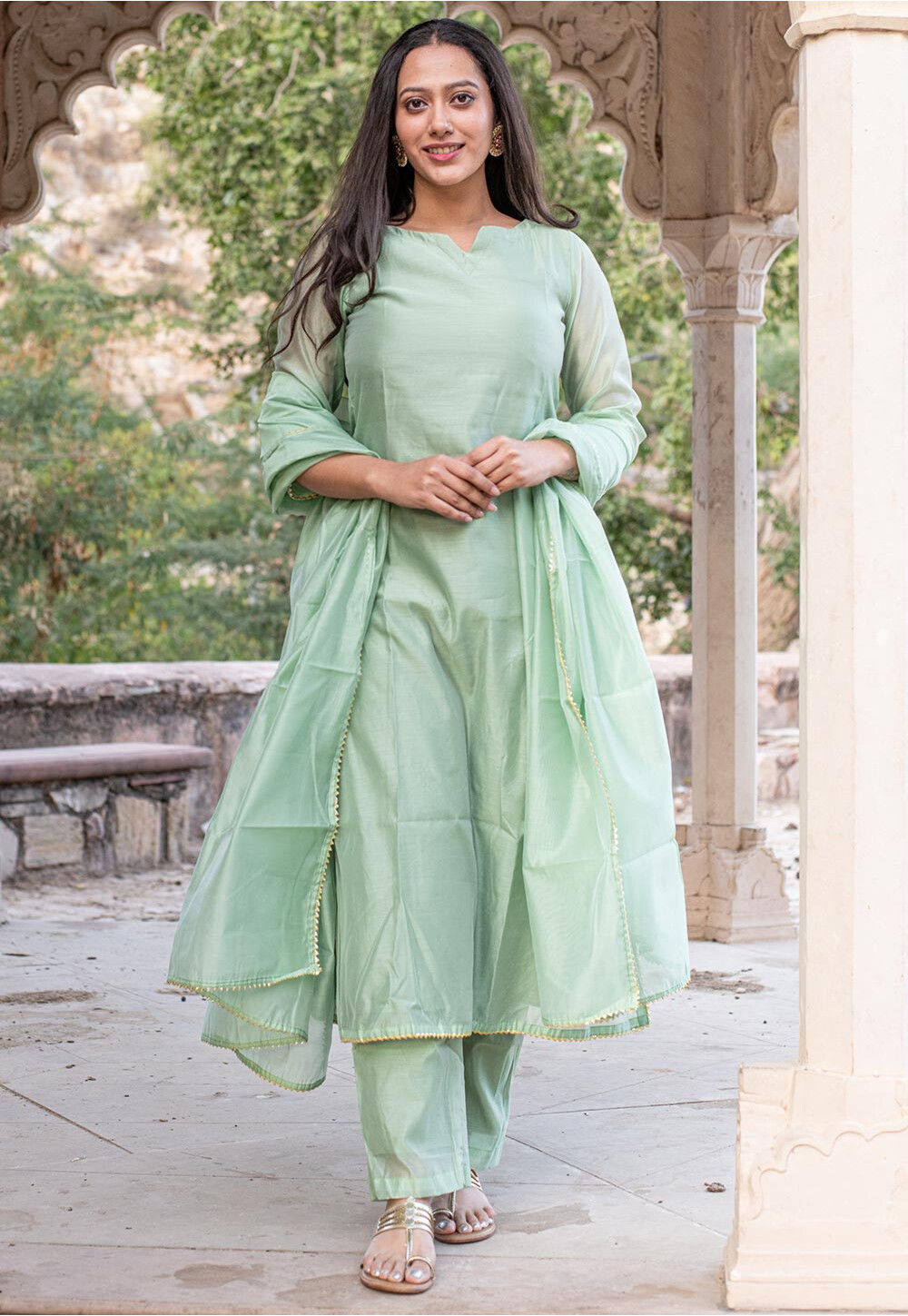 Solid Color Chanderi Silk Pakistani Suit in Pastel Green : KAX41