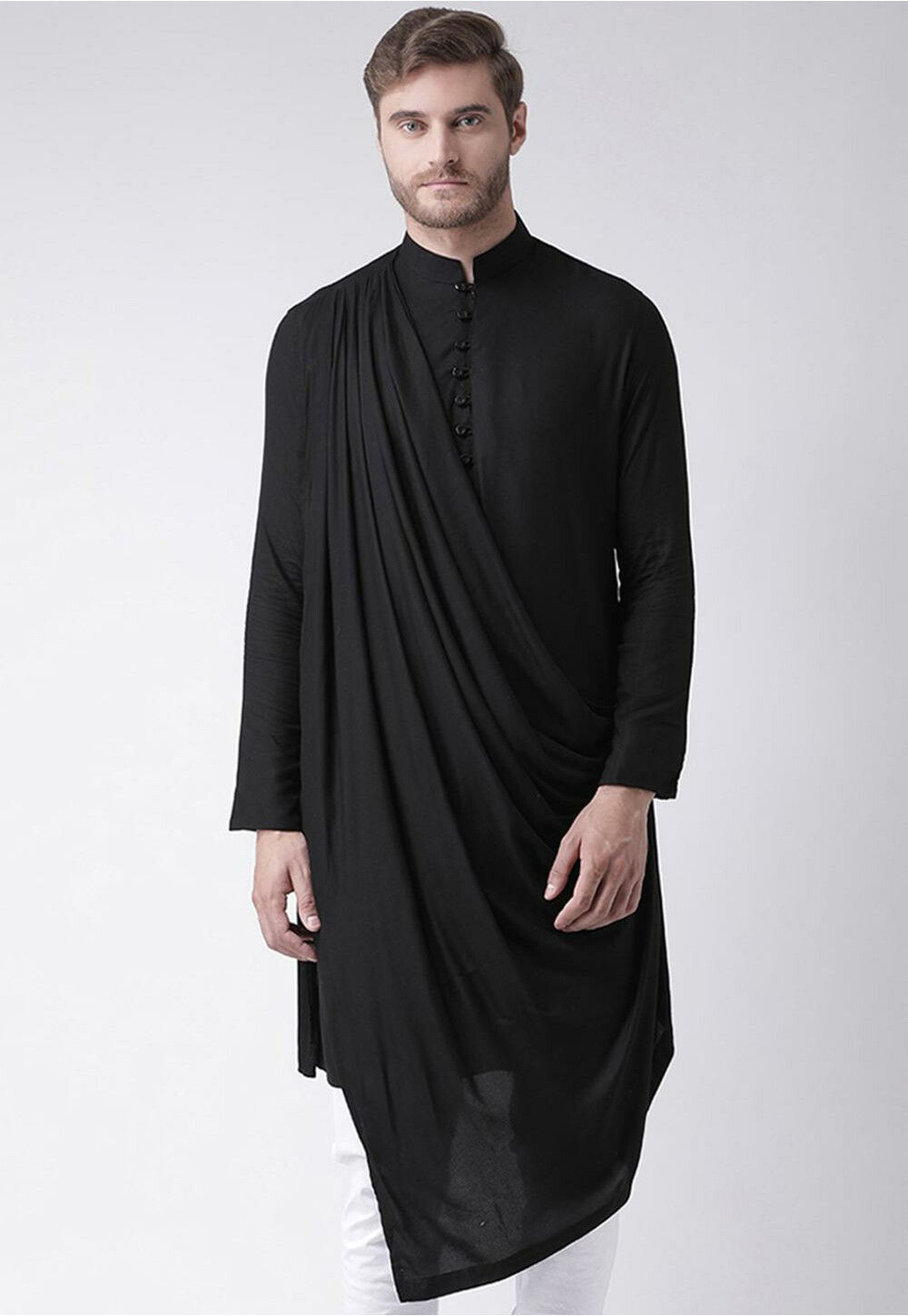 Solid Color Cotton Asymmetric Cowl Style Kurta in Black MVE1135