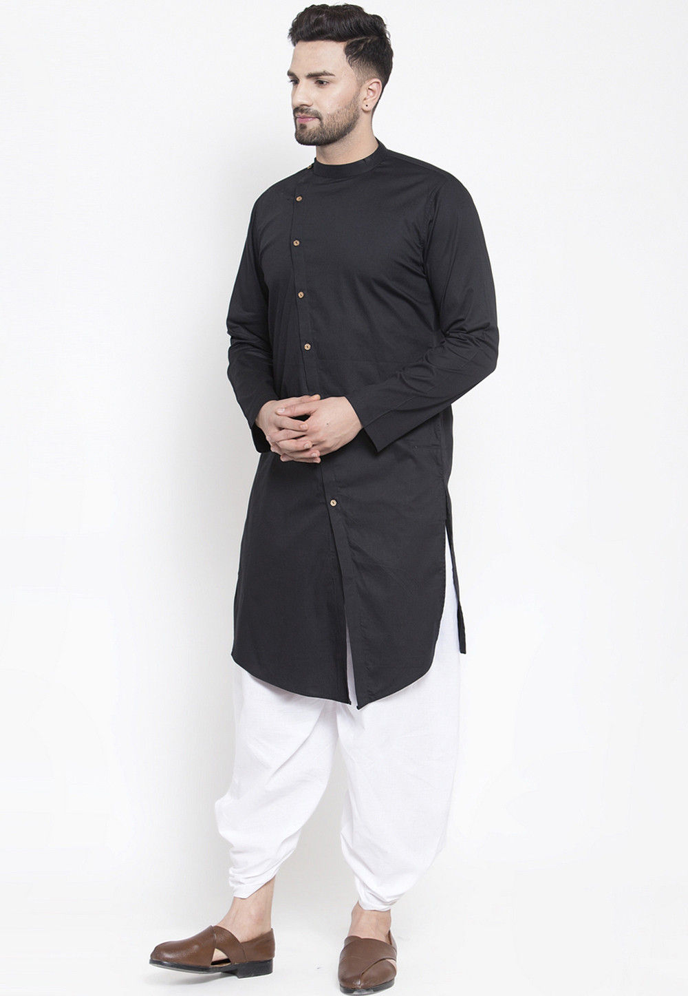 Solid Color Cotton Asymmetric Dhoti Kurta in Black : MVE1079