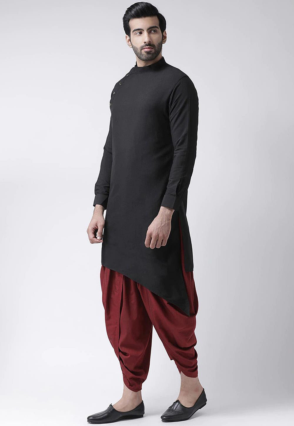 Solid Color Cotton Asymmetric Dhoti Kurta Set in Black : MVE1984