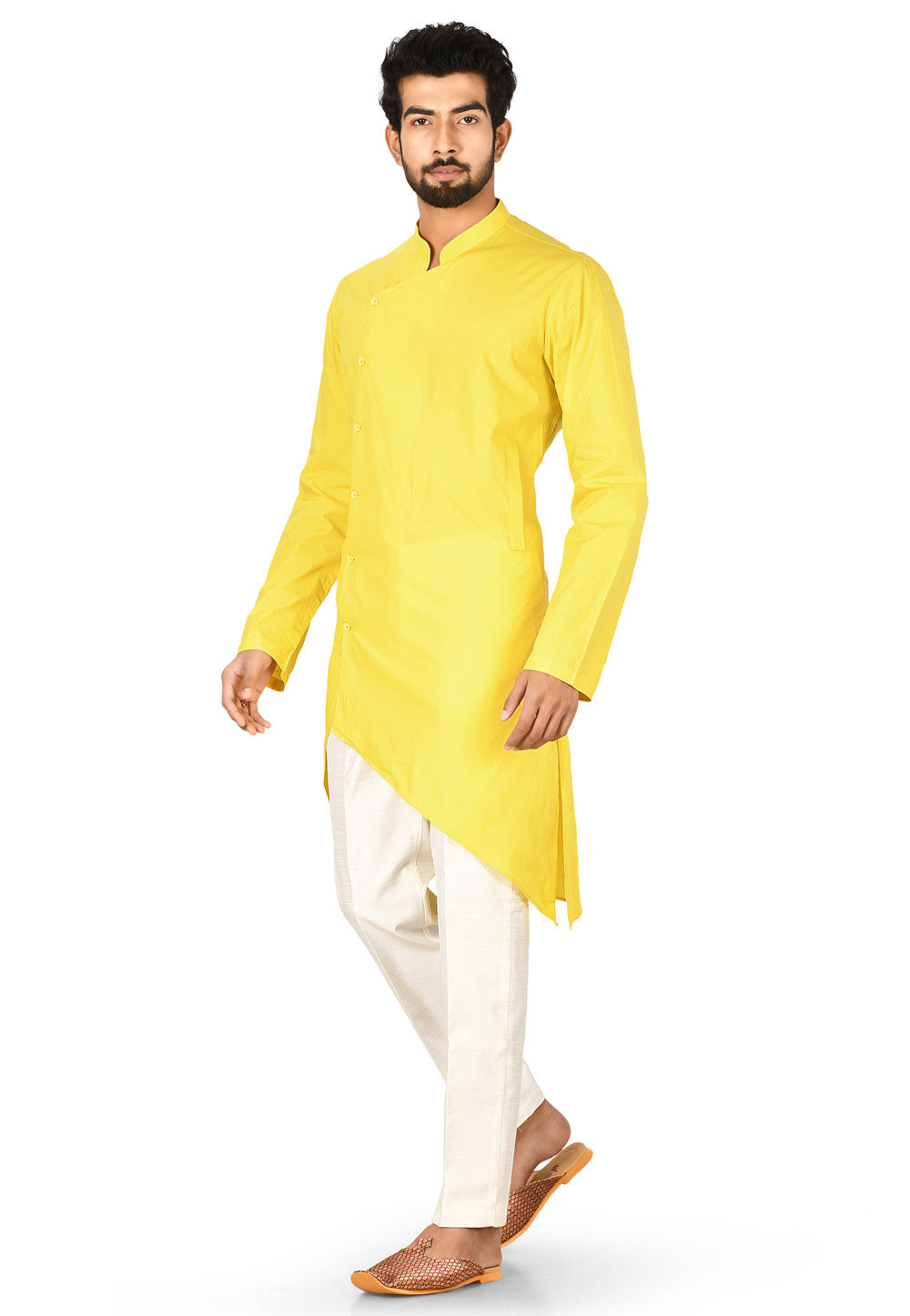 solid color cotton asymmetric kurta in yellow v1 muf768
