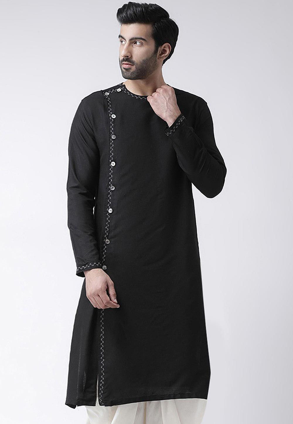 Solid Color Cotton Dhoti Kurta in Black : MVE2015