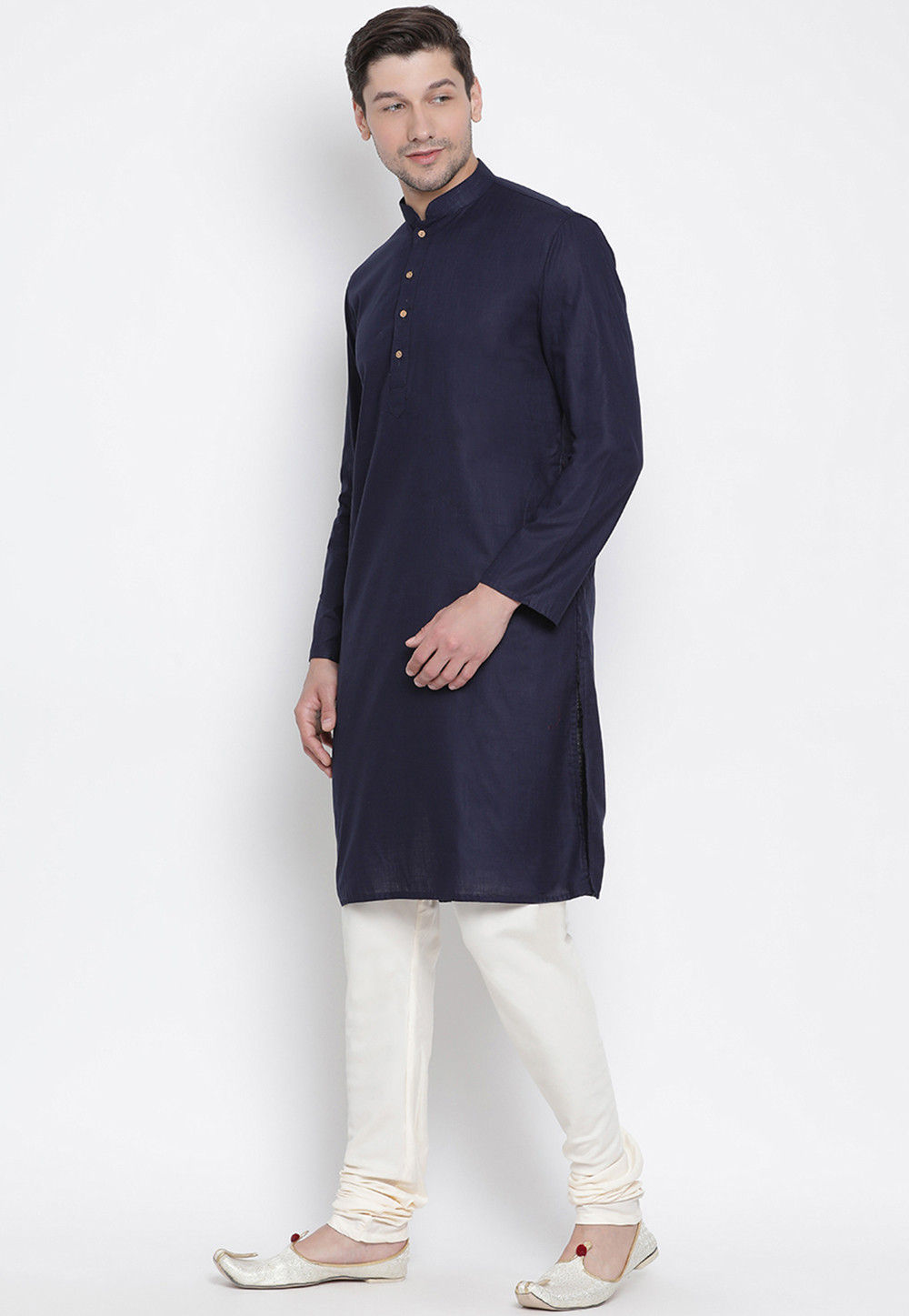Solid Color Cotton Kurta Set in Navy Blue : MTR1197