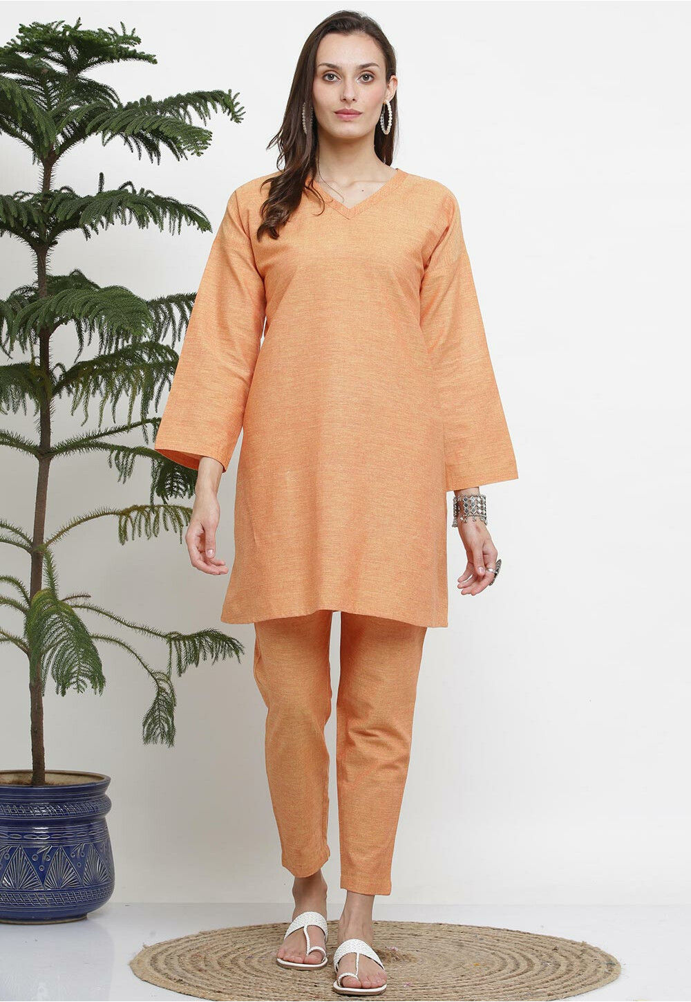 Dreamy Orange Coloured Self Design Cotton Kurti | Leemboodi
