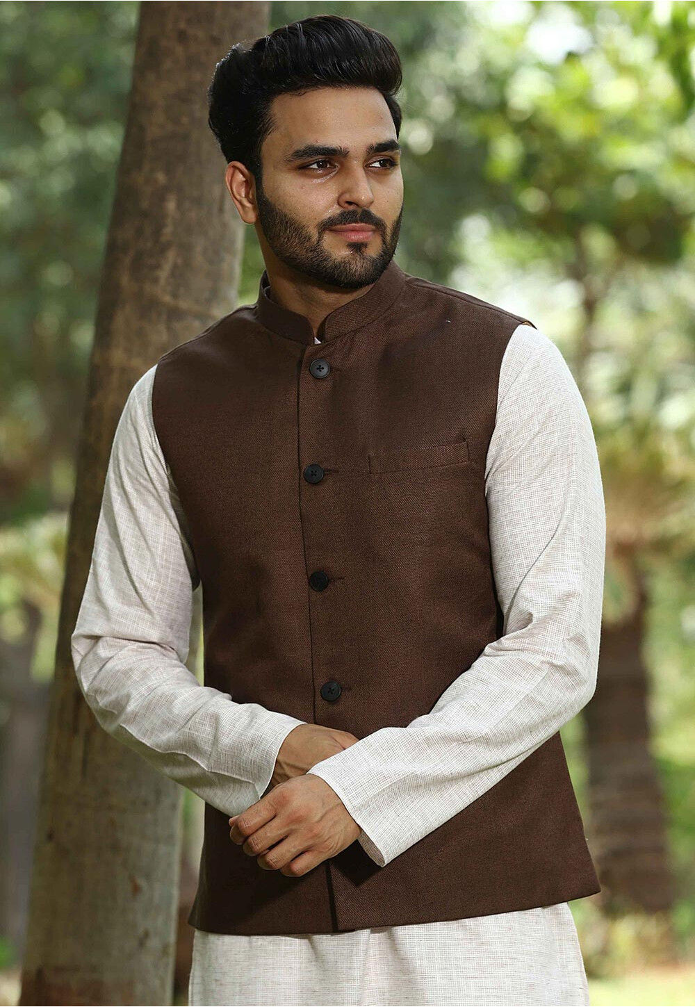Buy Brown Art Silk Brocade Nehru Jacket Online at Best Price | Cbazaar