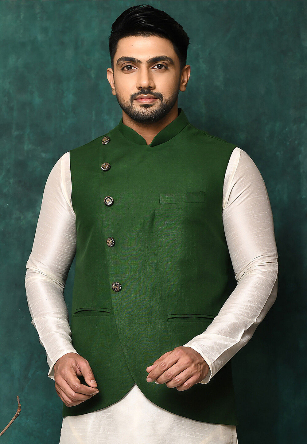 Solid Color Cotton Nehru Jacket in Green MLC2032