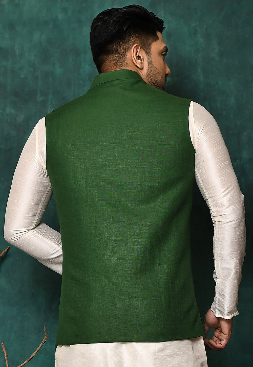 Solid Color Cotton Nehru Jacket in Green MLC2032