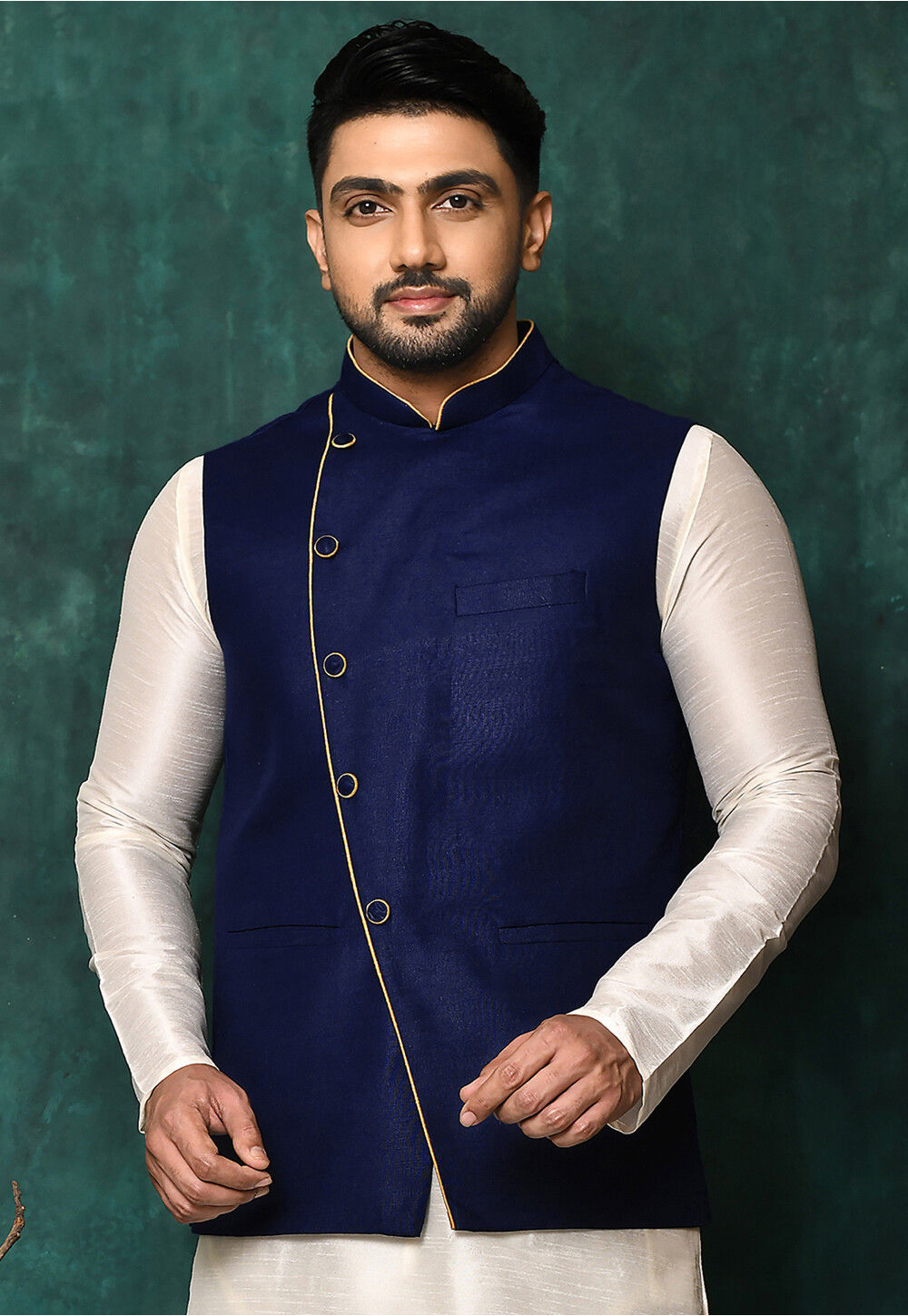 Solid Color Cotton Nehru Jacket in Navy Blue