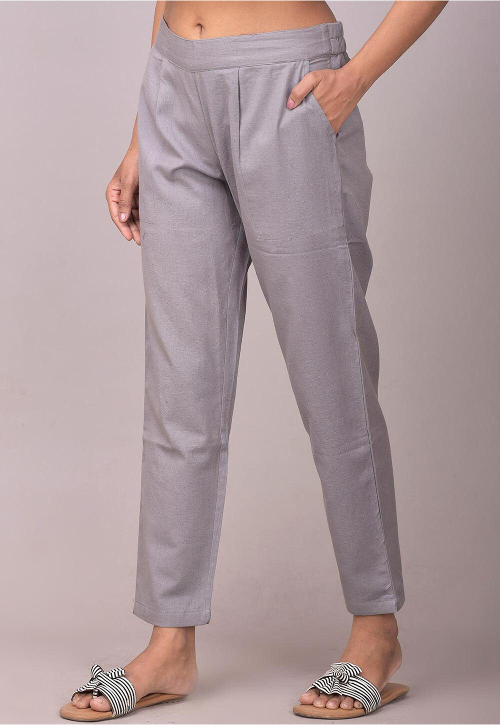 Buy GO COLORS Women Grey Solid 100% Cotton Pants Online at Best
