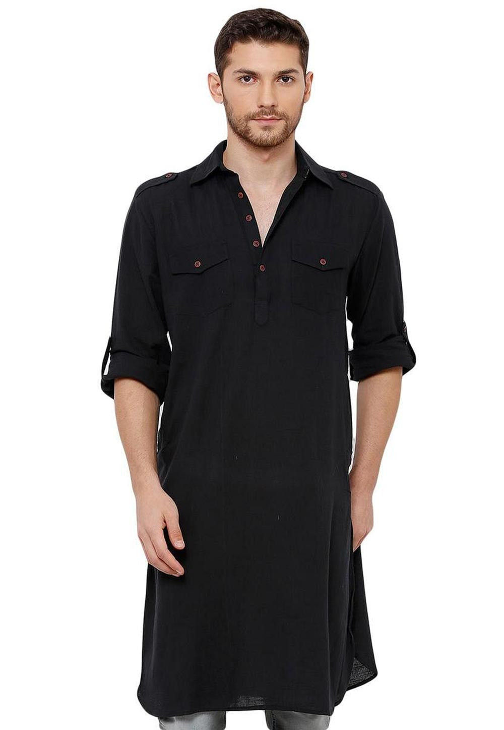 Buy Solid Color Cotton Pathani Kurta in Black Online MVE1811