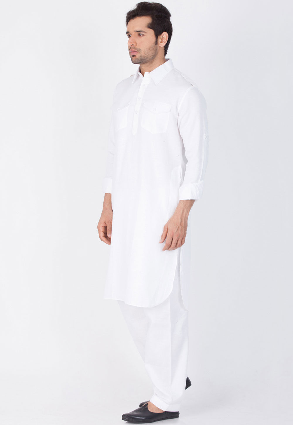 Solid Color Cotton Pathani Kurta Set in White : MTR1792