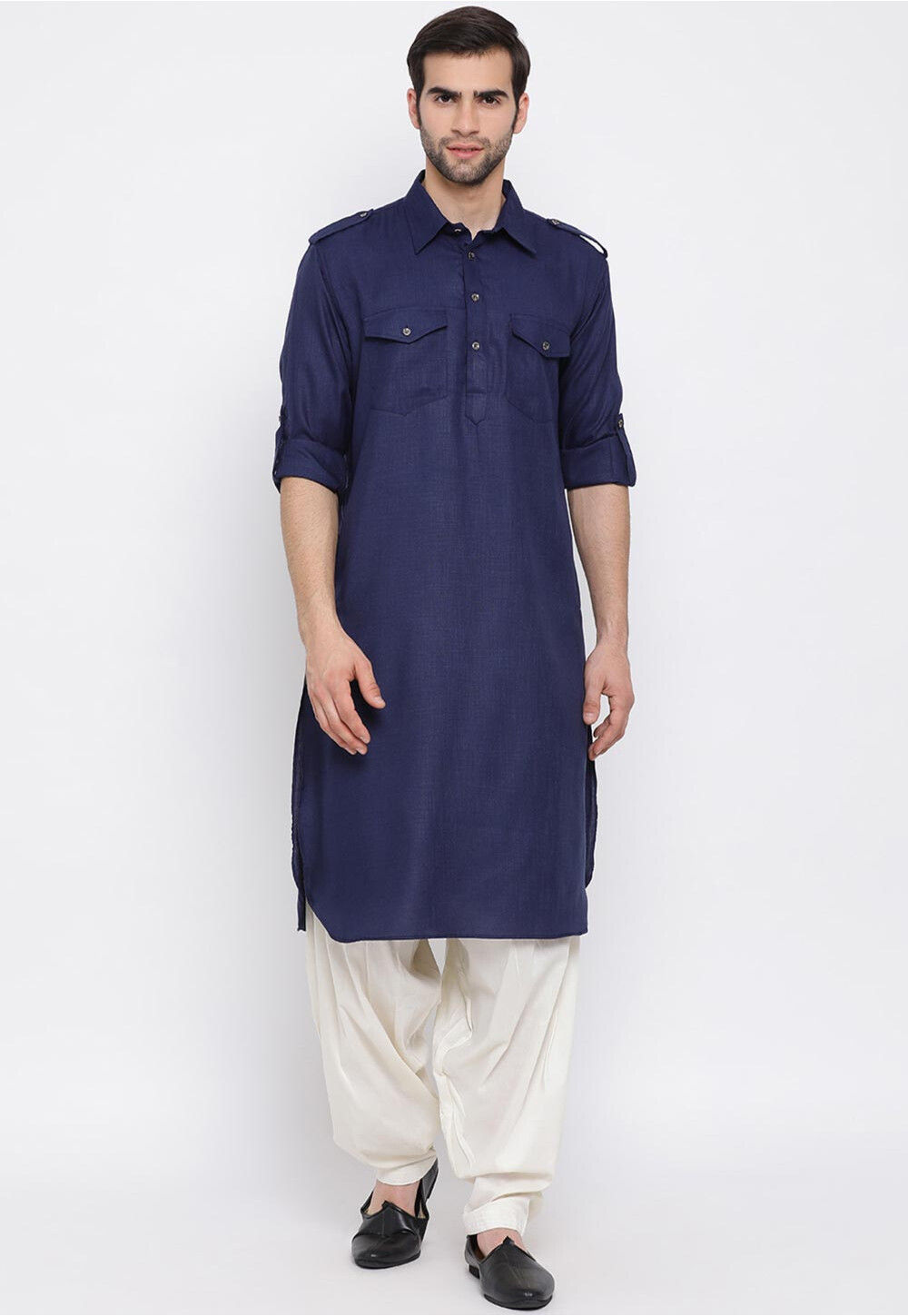 Solid Color Cotton Pathani Suit in Navy Blue : MTR2315