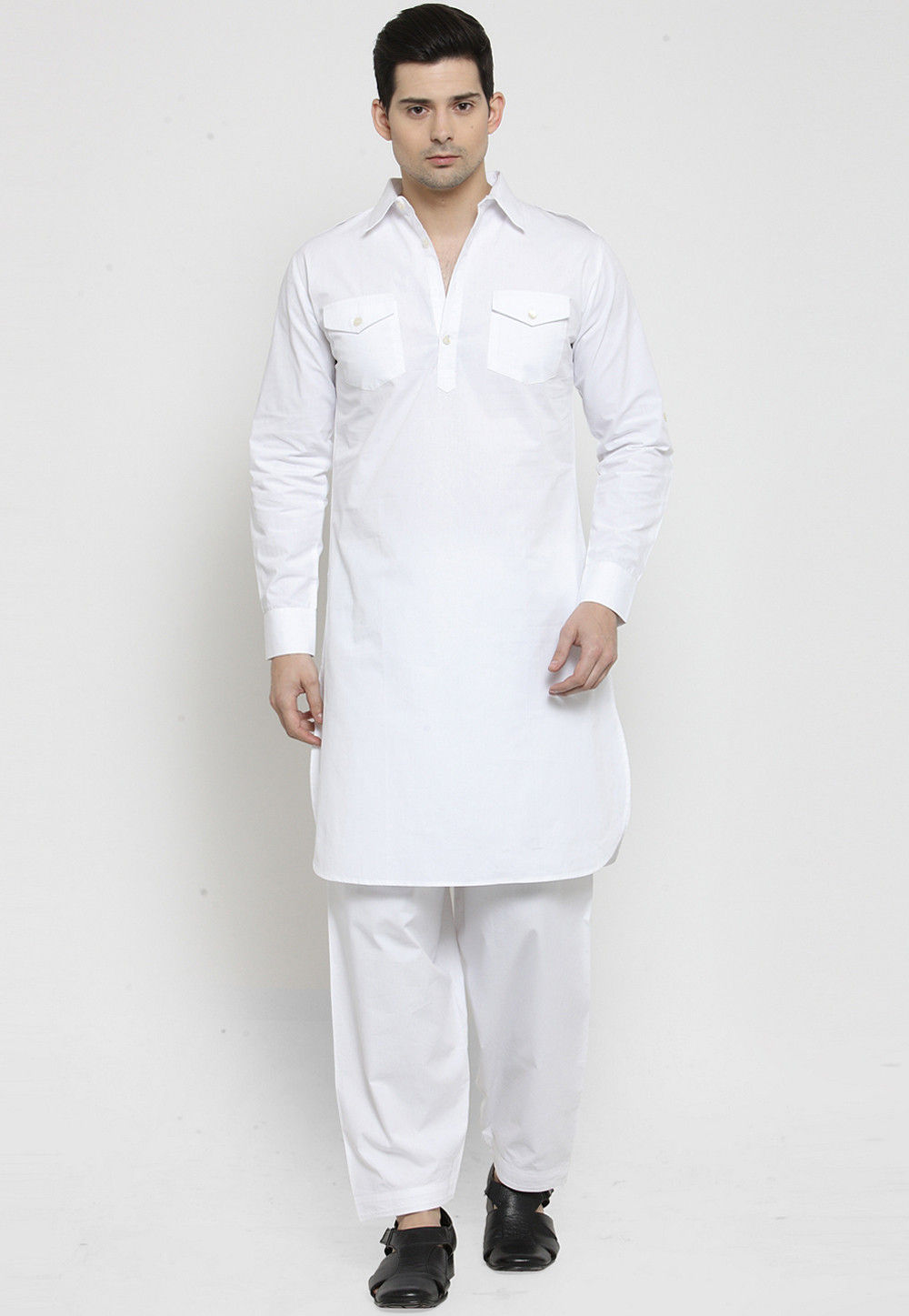 solid color cotton pathani suit in white v1 mve1347