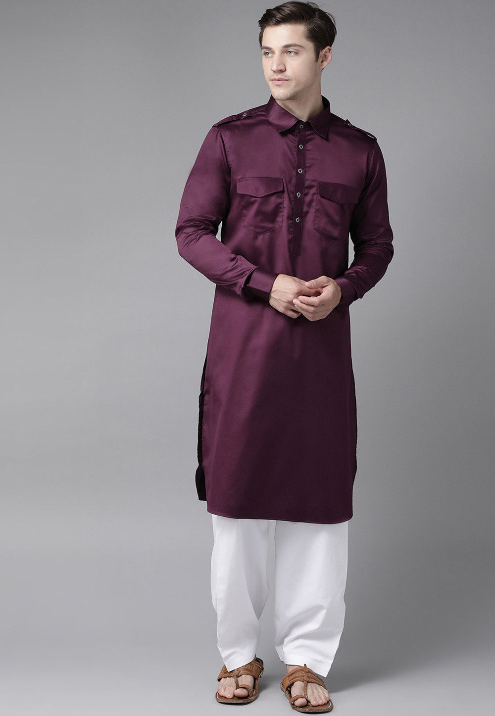 Solid Color Cotton Pathani Suit in Wine : MEE1149