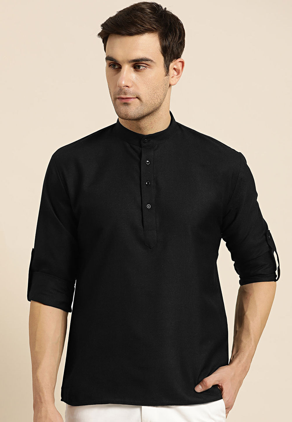 Solid Color Short Kurta Shirt Men's Cotton Designer Indian Fashion Apparel 