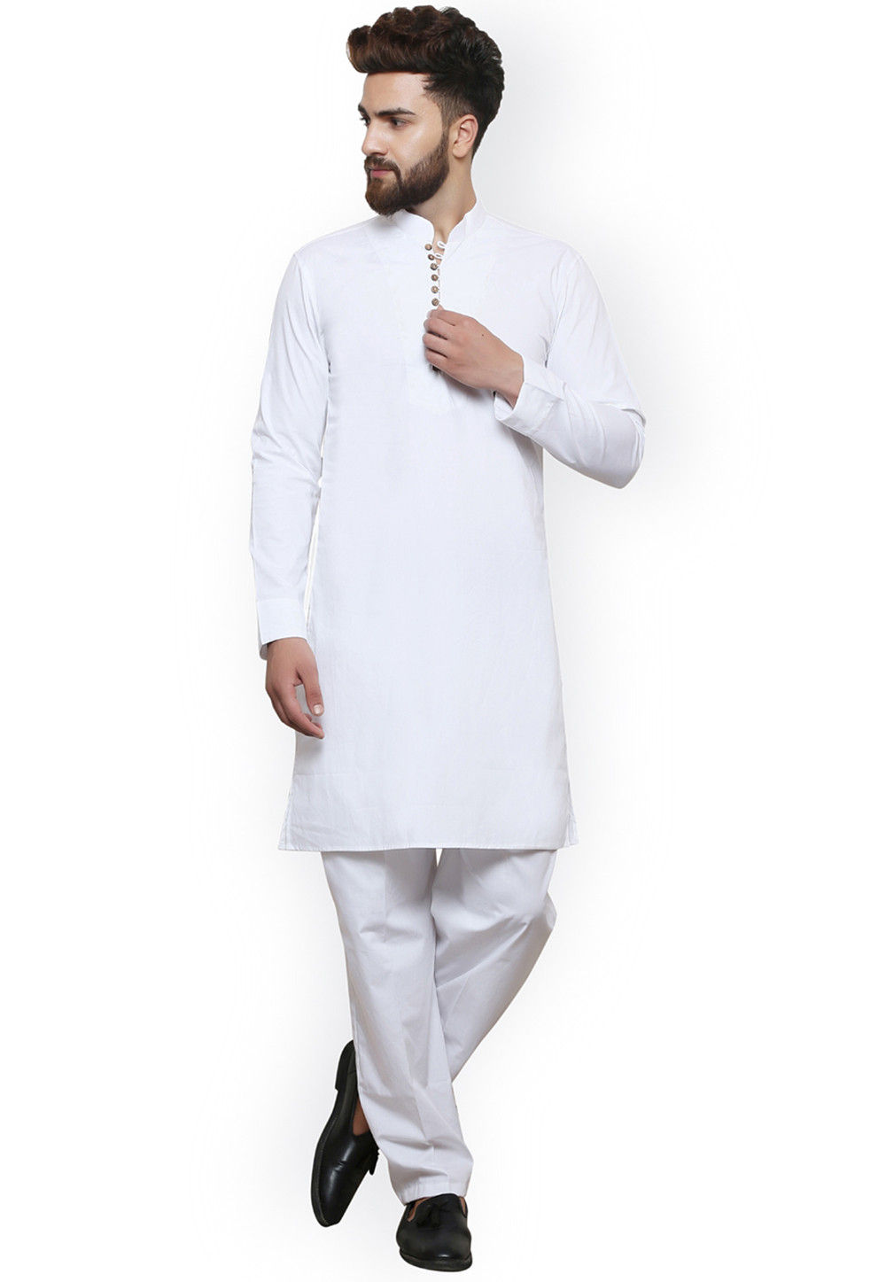 Buy Solid Color Cotton Short Kurta Set in White Online MVE1091