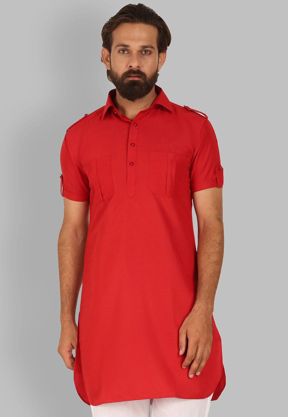 Buy Solid Color Cotton Short Pathani Kurta in Red Online MGA119 Utsav Fashion