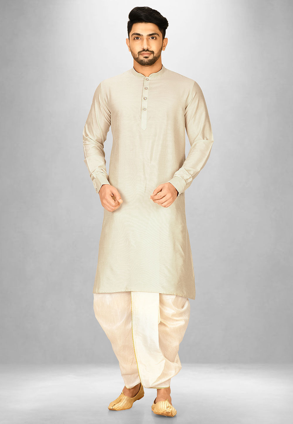 Buy Solid Color Cotton Silk Dhoti Kurta in Light Beige Online