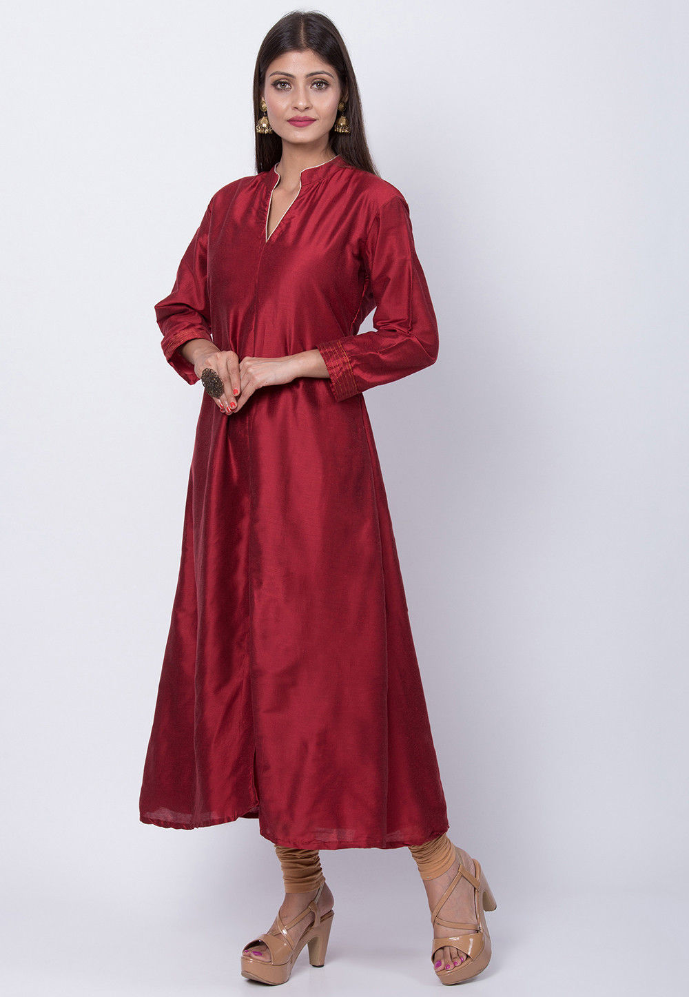 Solid Color Cotton Silk Front Slitted Kurta in Maroon : TUF1293