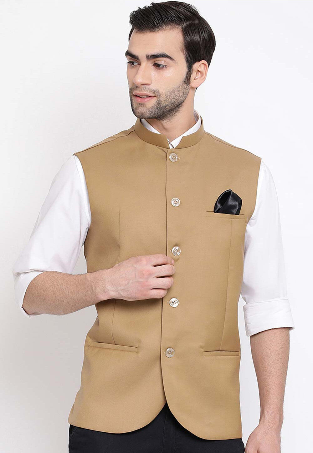 Men's Plus Size Beige and Gold Jacquard Nehru Jacket - Absolutely Desi