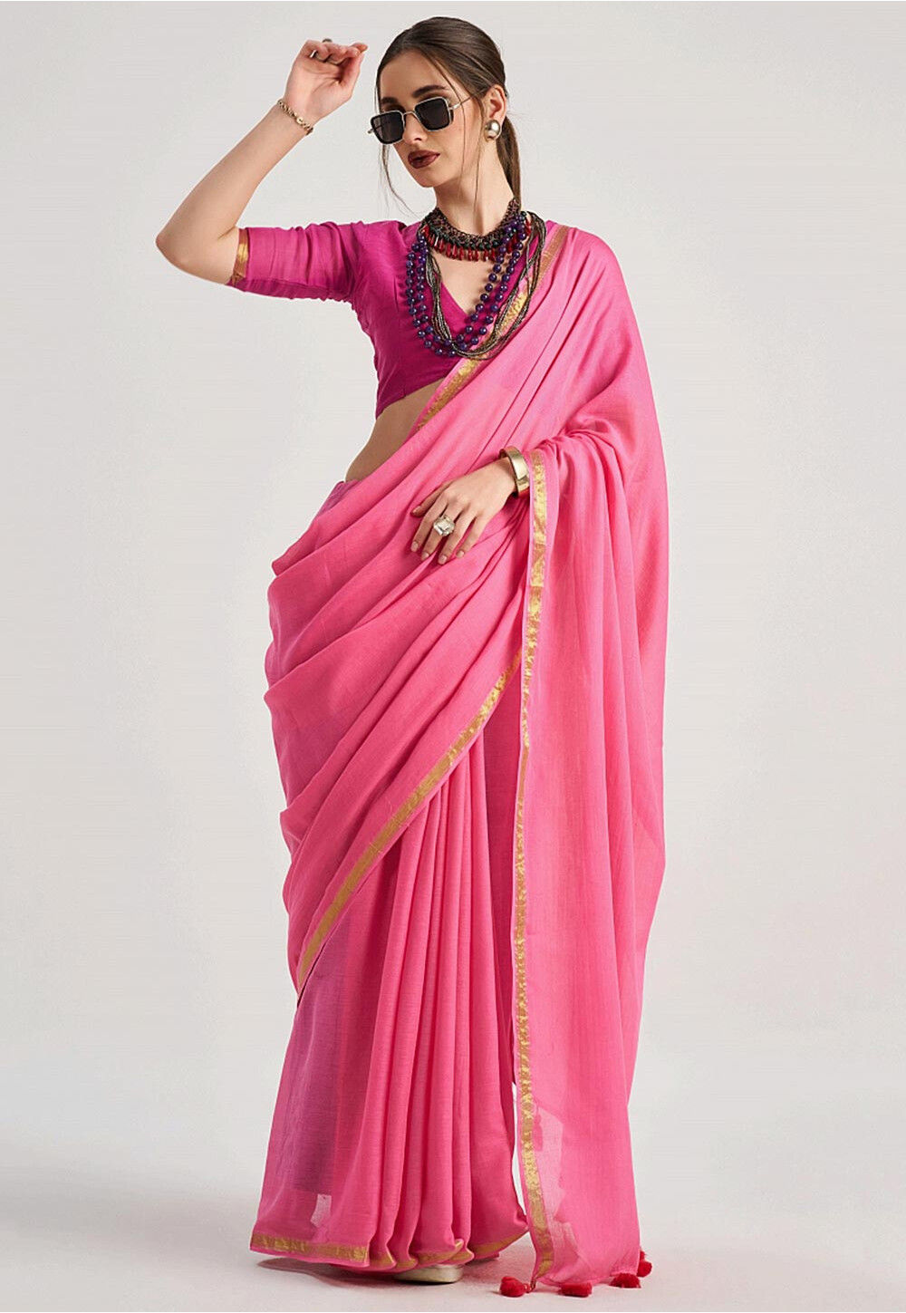 Solid Color Saree Buy Solid Color Cotton Silk Saree in Pink Online : SSEA5650 - Utsav Fashion