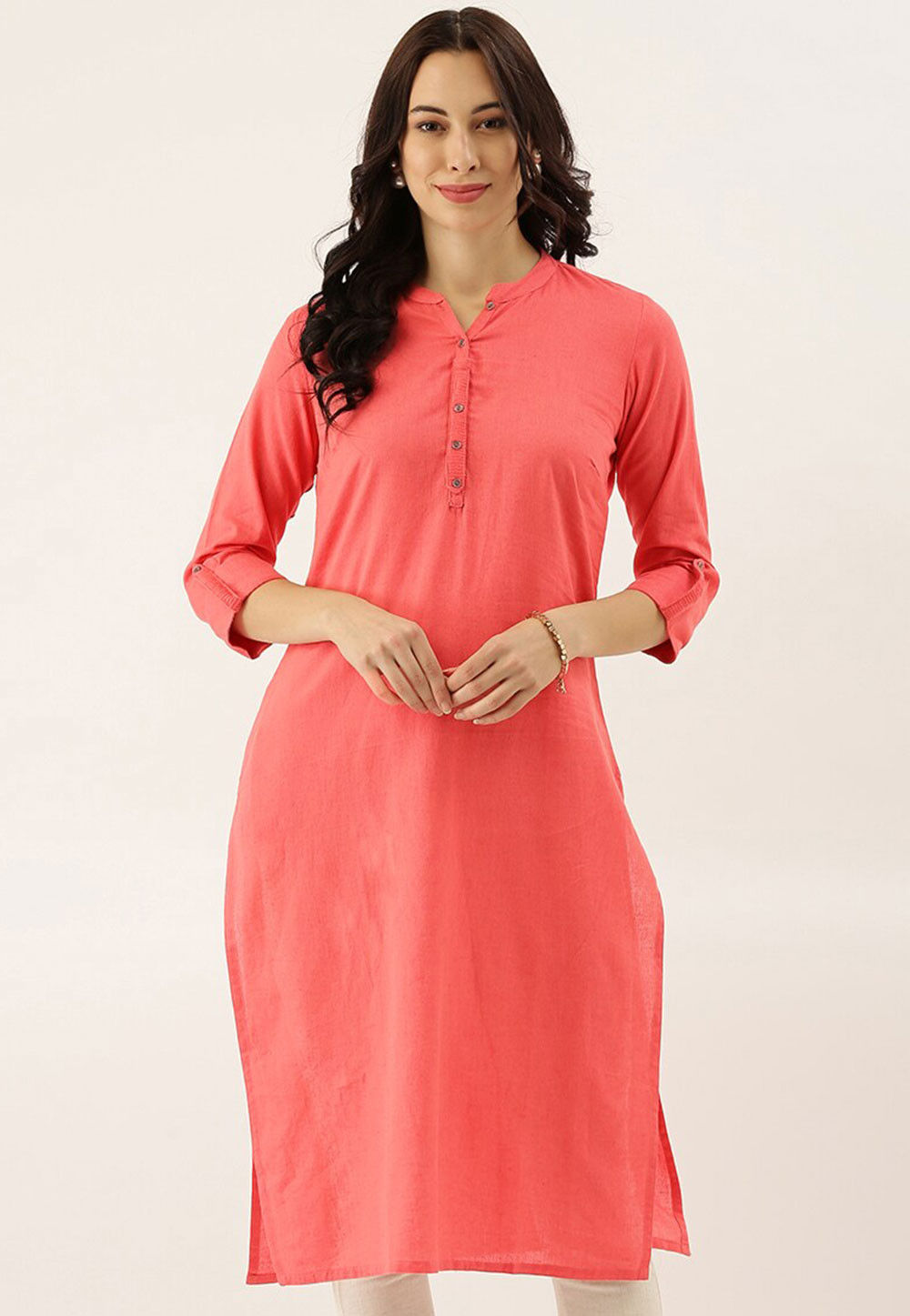 Buy Solid Color Cotton Straight Kurta in Dark Peach Online TKV134 Utsav Fashion
