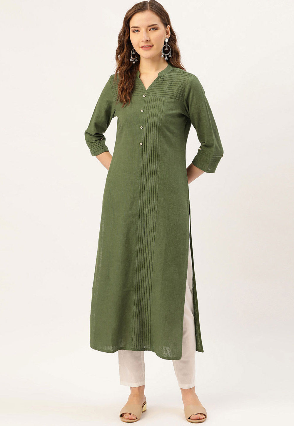 Women's Olive Embellished Straight Kurta